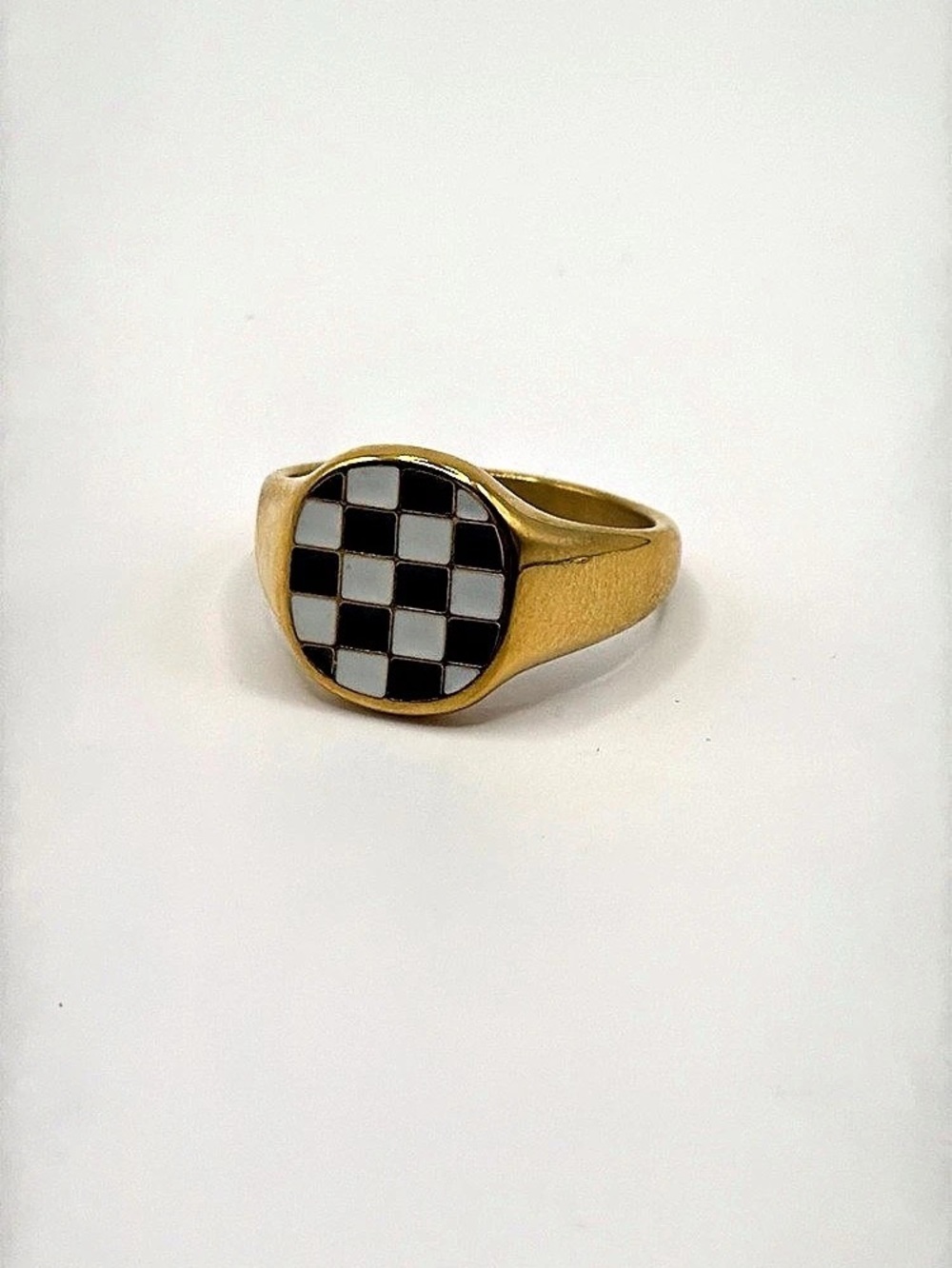 Checkered Signet Ring in Gold & Black Like New